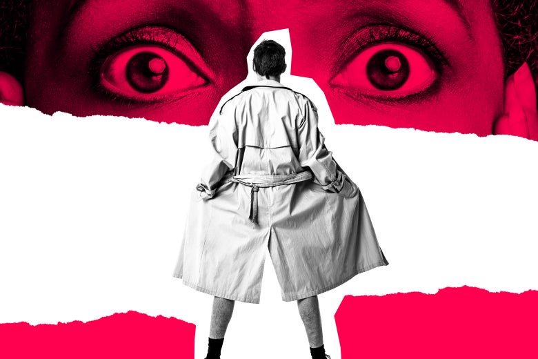 A man is seen from behind holding open a trench coat. A woman’s eyes open wide.